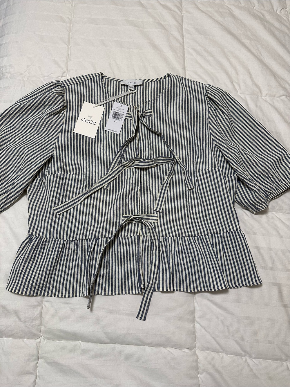 CeCe Blue and White Striped Tie-Front Peplum Blouse